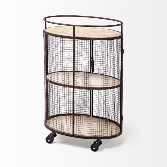 Saluti II Black Metal Frame cage w/three wood shelves oval Bar Cart - Image 4