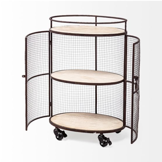 Saluti II Black Metal Frame cage w/three wood shelves oval Bar Cart - Image 5