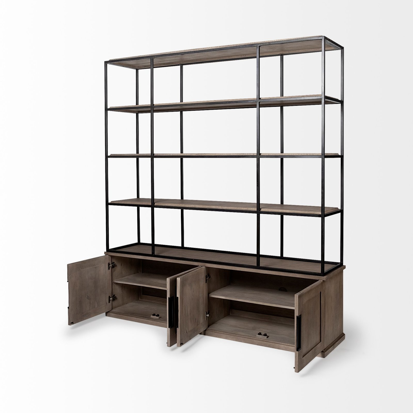 Braxton I Light Brown Wood and Iron Three Shelf Shelving Unit 81.5L x 18.5W x 90 - Image 5