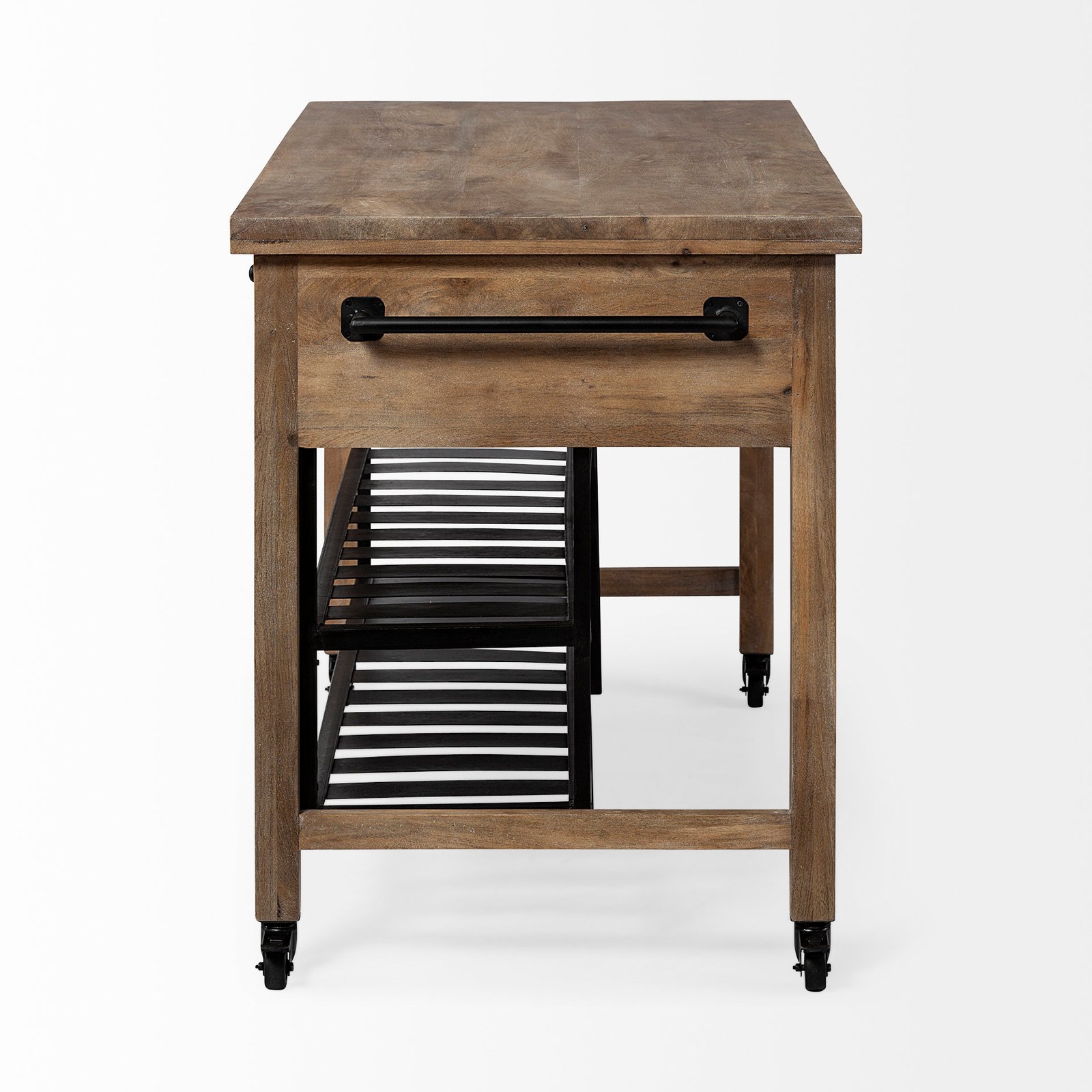 Stuart I Brown Solid Wood Top Two-Tier Black Metal Rolling Kitchen Island - Image 3