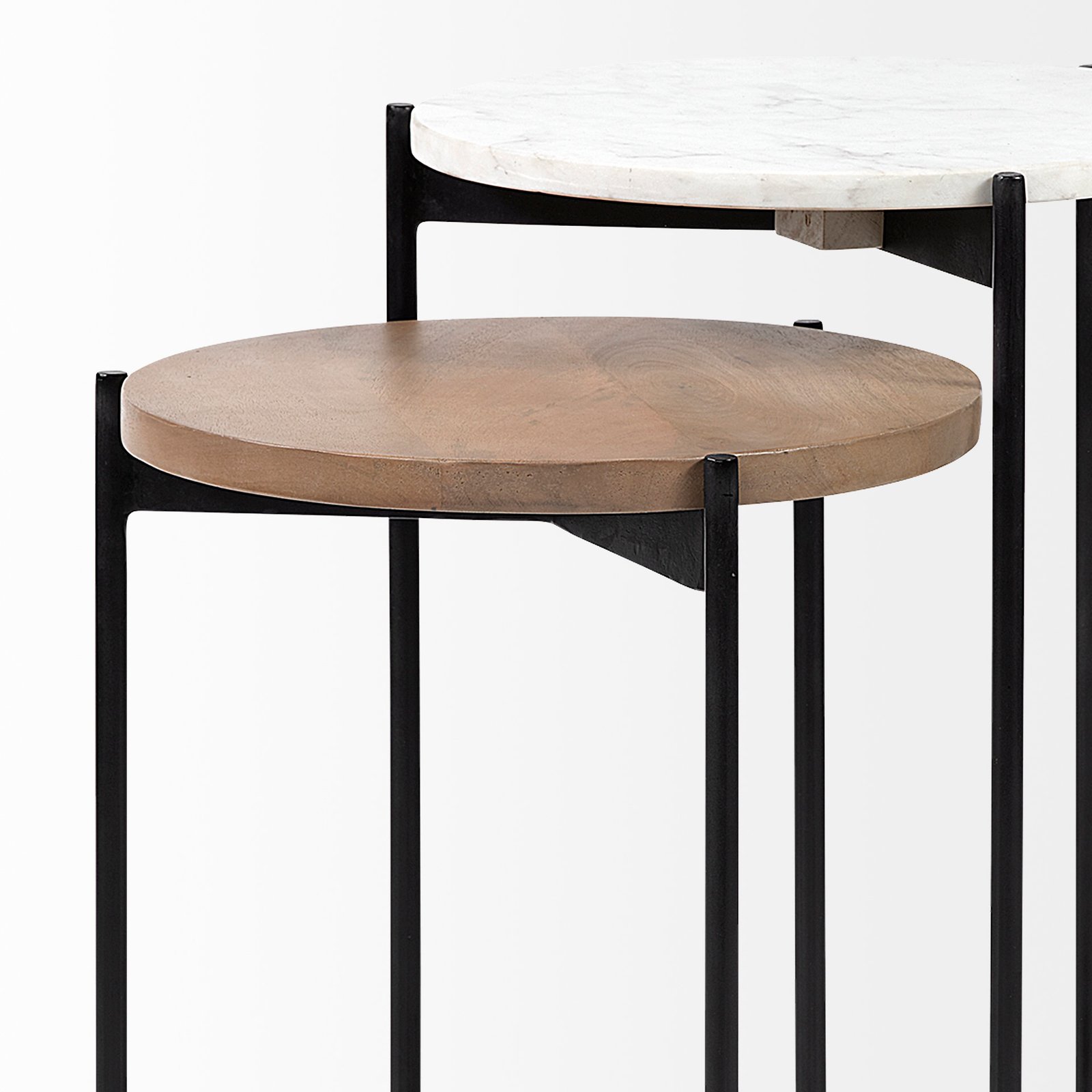Larkin Marble and Medium Brown Wood Round Tabletop Nesting End/Side Tables - Image 5