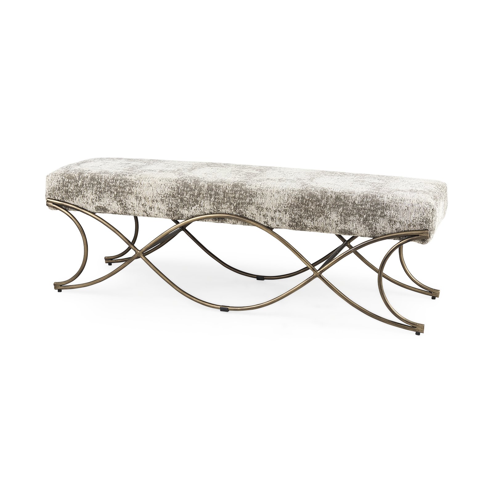 Ayla 55L x 17.6W x 18H Light and Dark Gray Fabric Seat W/ Antique Gold Metal Frame Bench