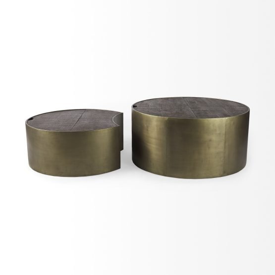 Eclipse Set of 2 36" & 32" Round Brown Solid Wood Top Gold Metal Base Nesting Coffee Tables - Image 3
