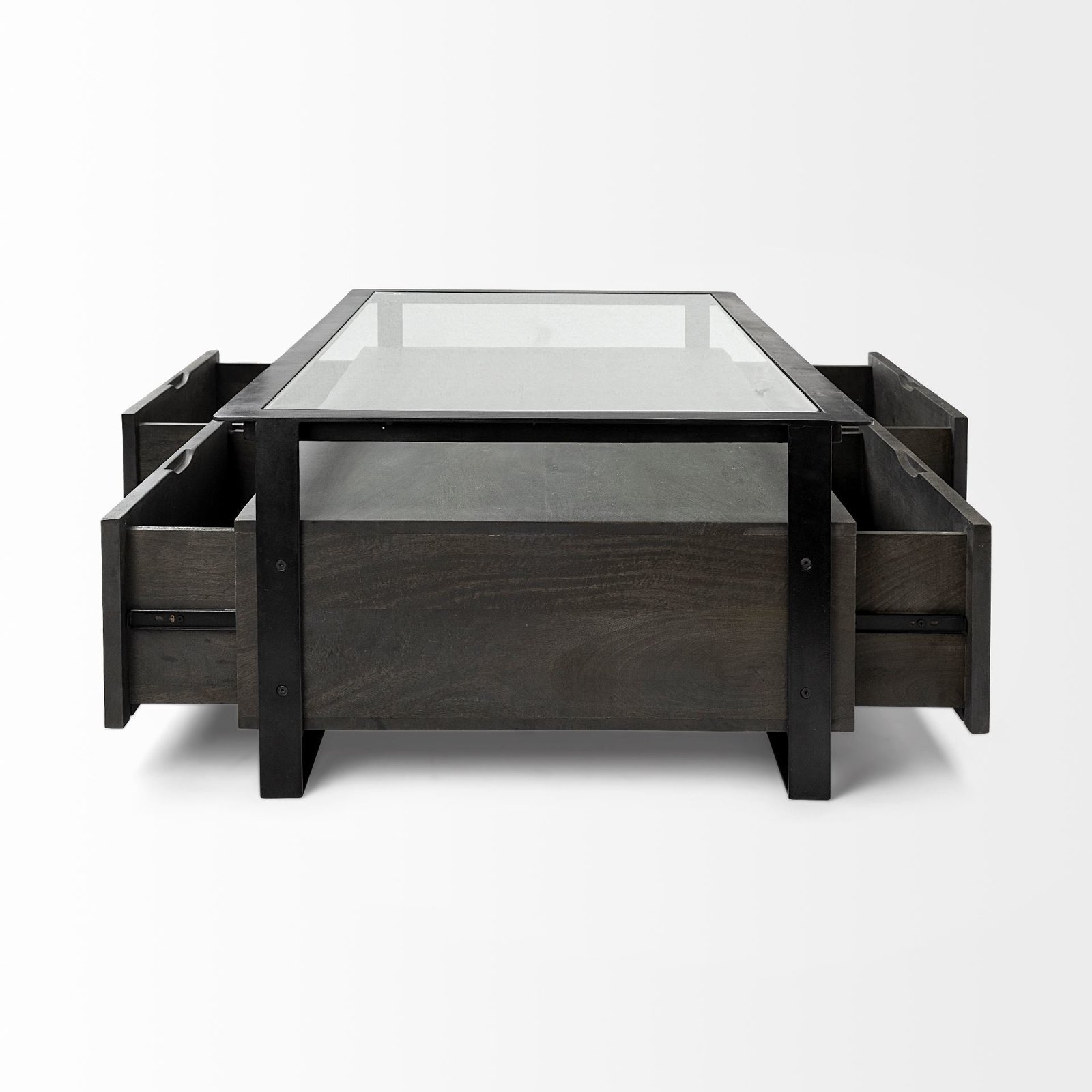 Vidro 54x30 Rectangular Glass Top Black Solid Wood Drawers & Black Frame Coffee Table - Image 4