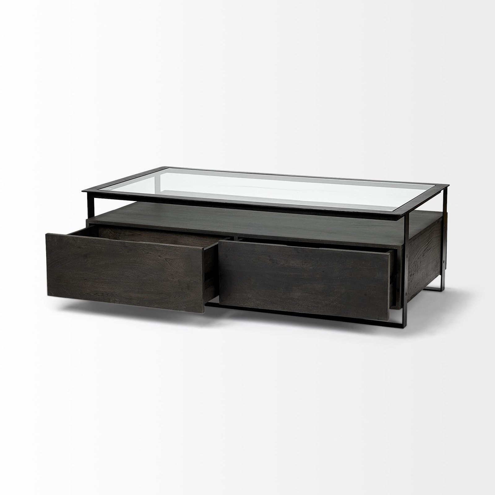 Vidro 54x30 Rectangular Glass Top Black Solid Wood Drawers & Black Frame Coffee Table - Image 5