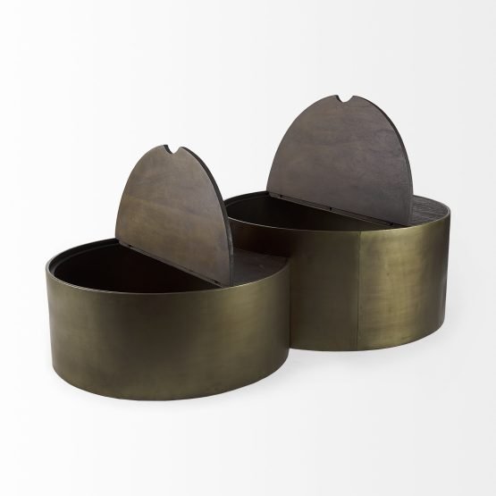 Eclipse Set of 2 36" & 32" Round Brown Solid Wood Top Gold Metal Base Nesting Coffee Tables - Image 4