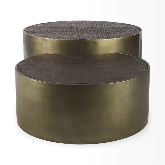 Eclipse Set of 2 36" & 32" Round Brown Solid Wood Top Gold Metal Base Nesting Coffee Tables - Image 5