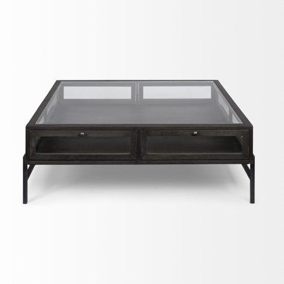 Arelius 42" Square Glass-Top Black-Brown Wood w/ Black Metal Base Display Coffee Table - Image 5