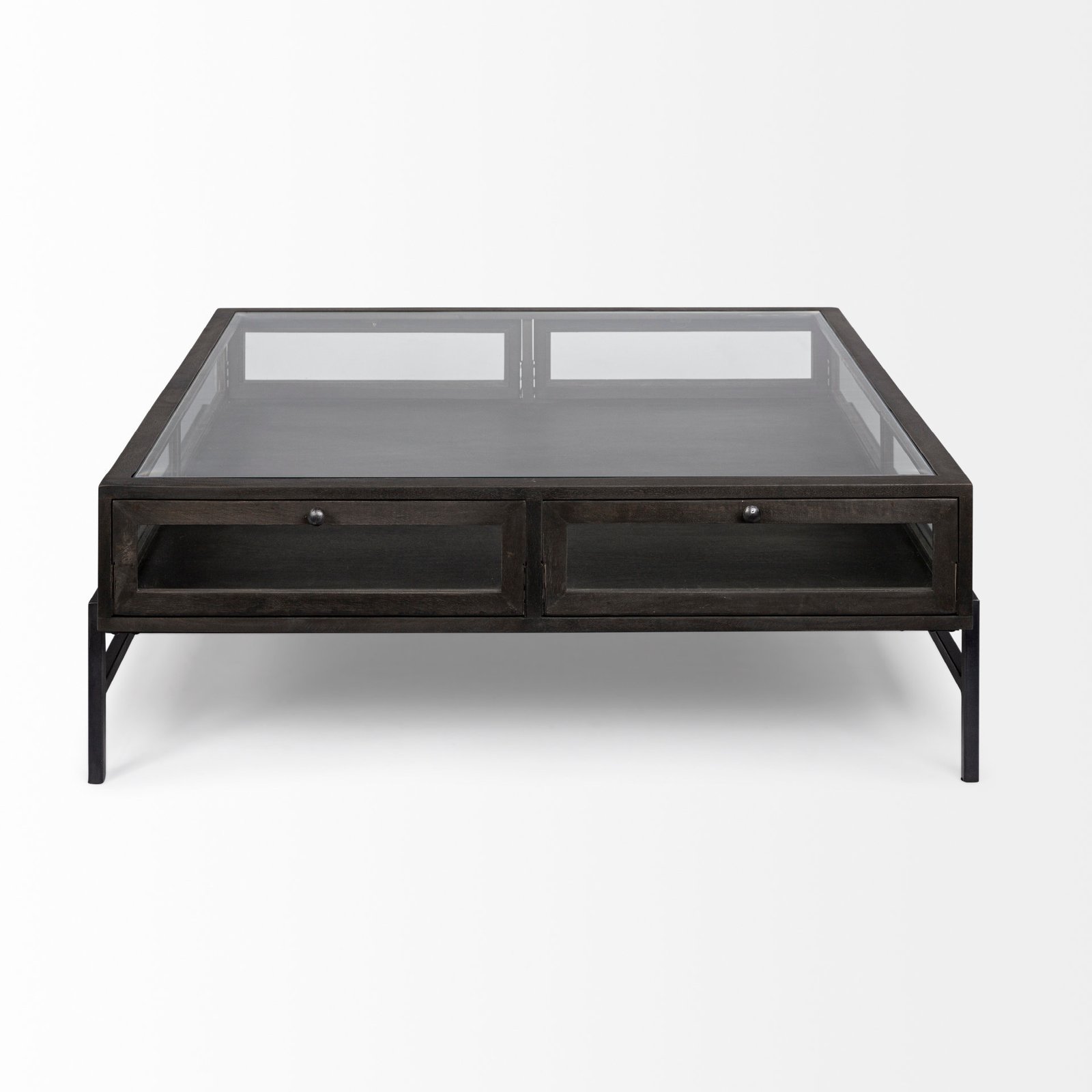 Arelius 42" Square Glass-Top Black-Brown Wood w/ Black Metal Base Display Coffee Table - Image 5
