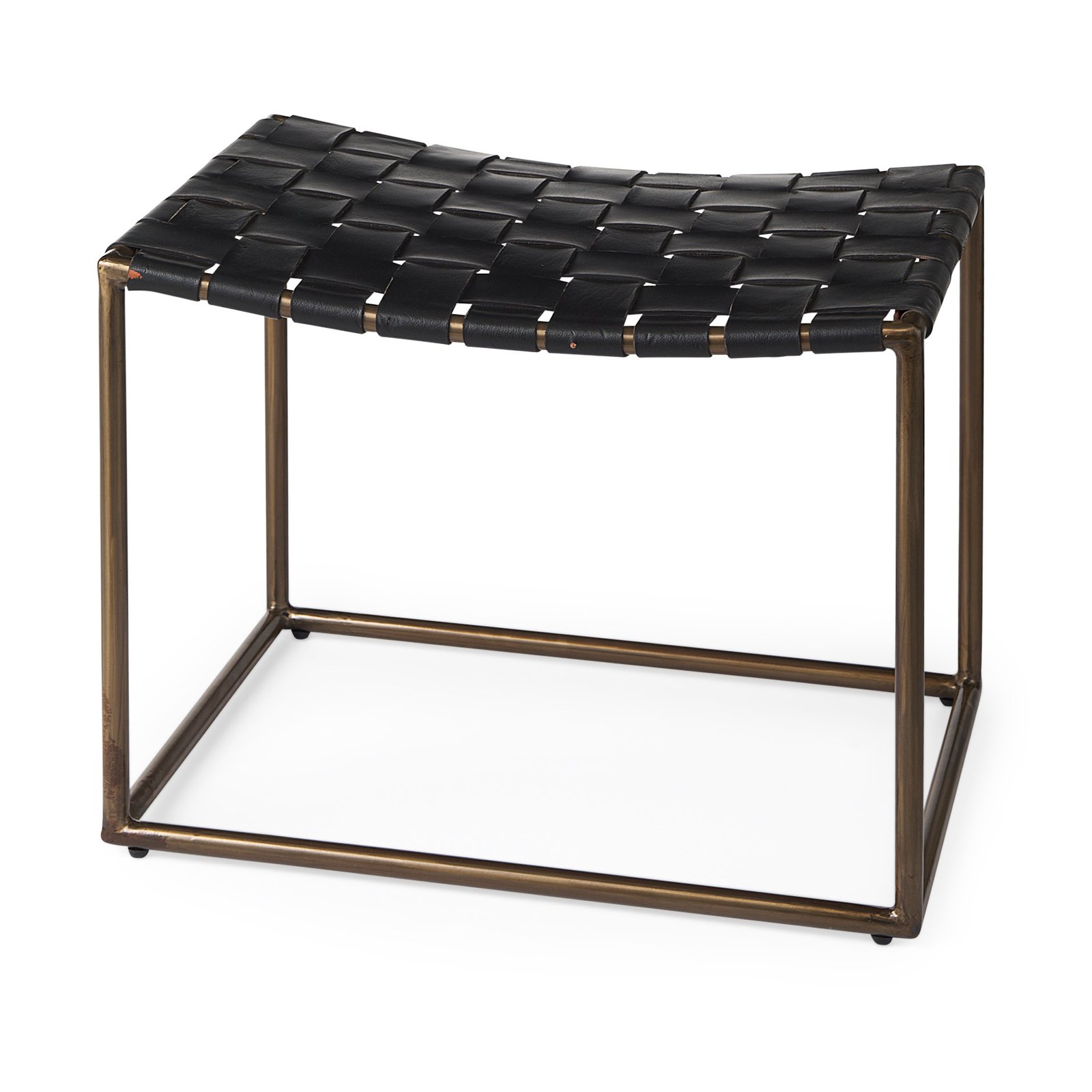 Clarissa 22.0L x 16.0W x 16.75H Black Leather Woven Seat W/ Gold Metal Frame Stool