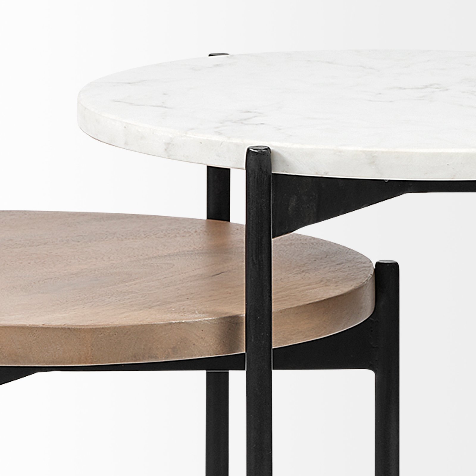Larkin Marble and Medium Brown Wood Round Tabletop Nesting End/Side Tables - Image 4