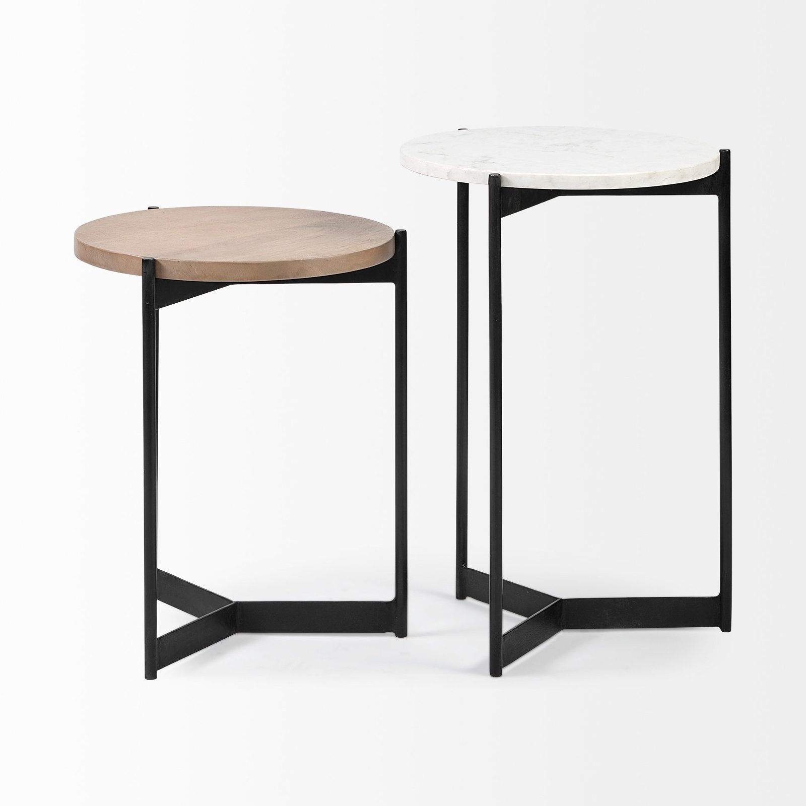 Larkin Marble and Medium Brown Wood Round Tabletop Nesting End/Side Tables - Image 2