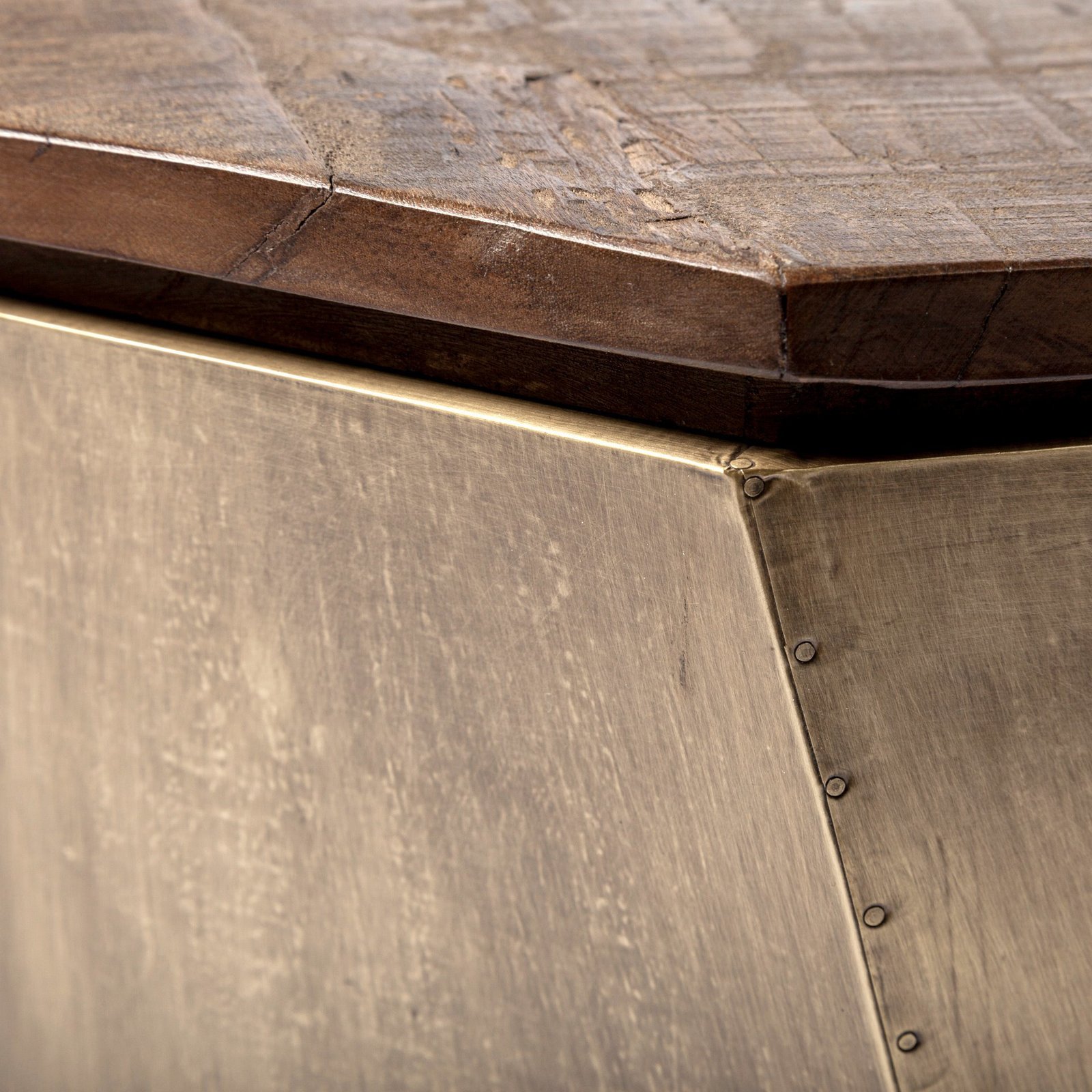 Esagono Octagonal Gold Metal-Clad Reclaimed Wood End/Side Table w/ Storage - Image 3