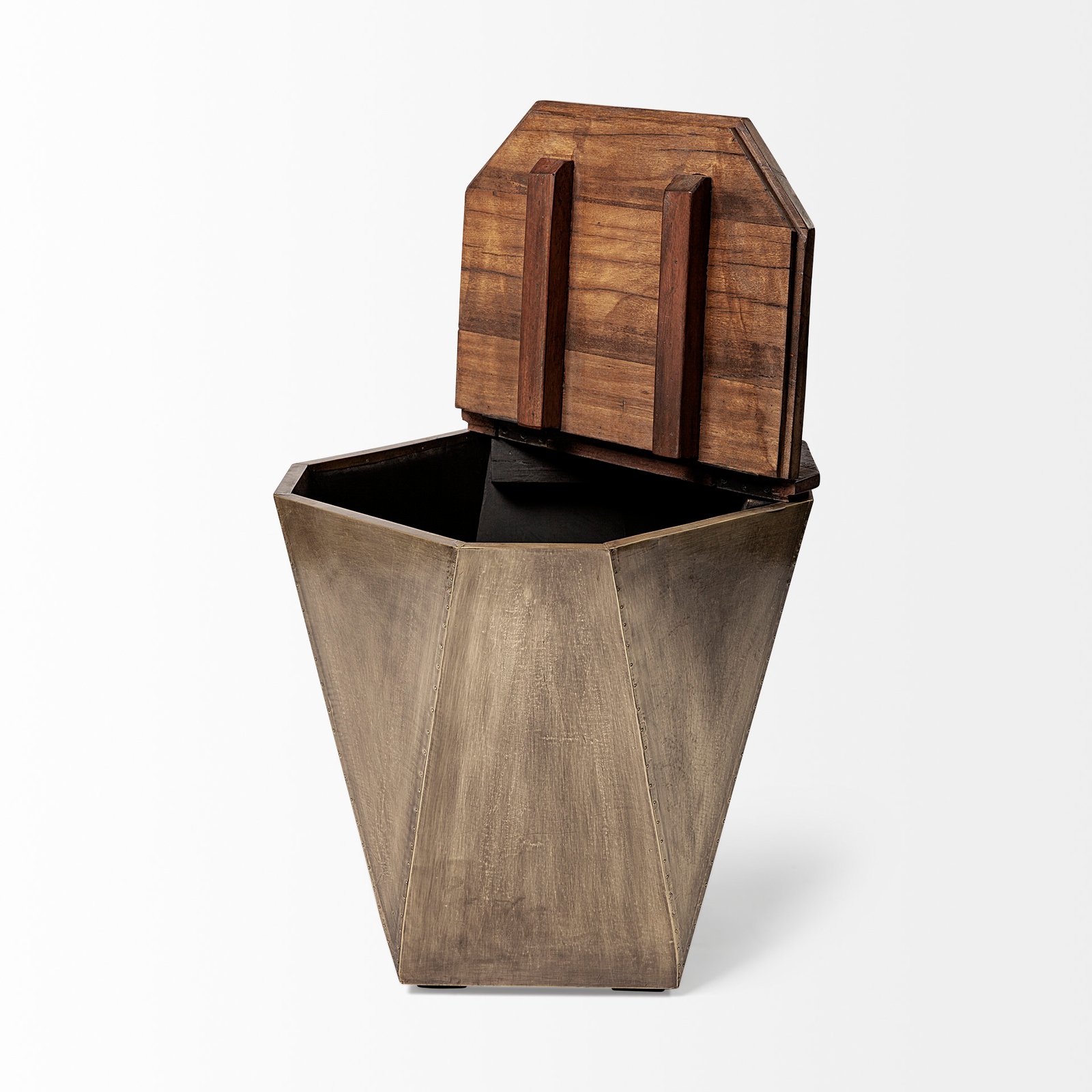 Esagono Octagonal Gold Metal-Clad Reclaimed Wood End/Side Table w/ Storage - Image 4