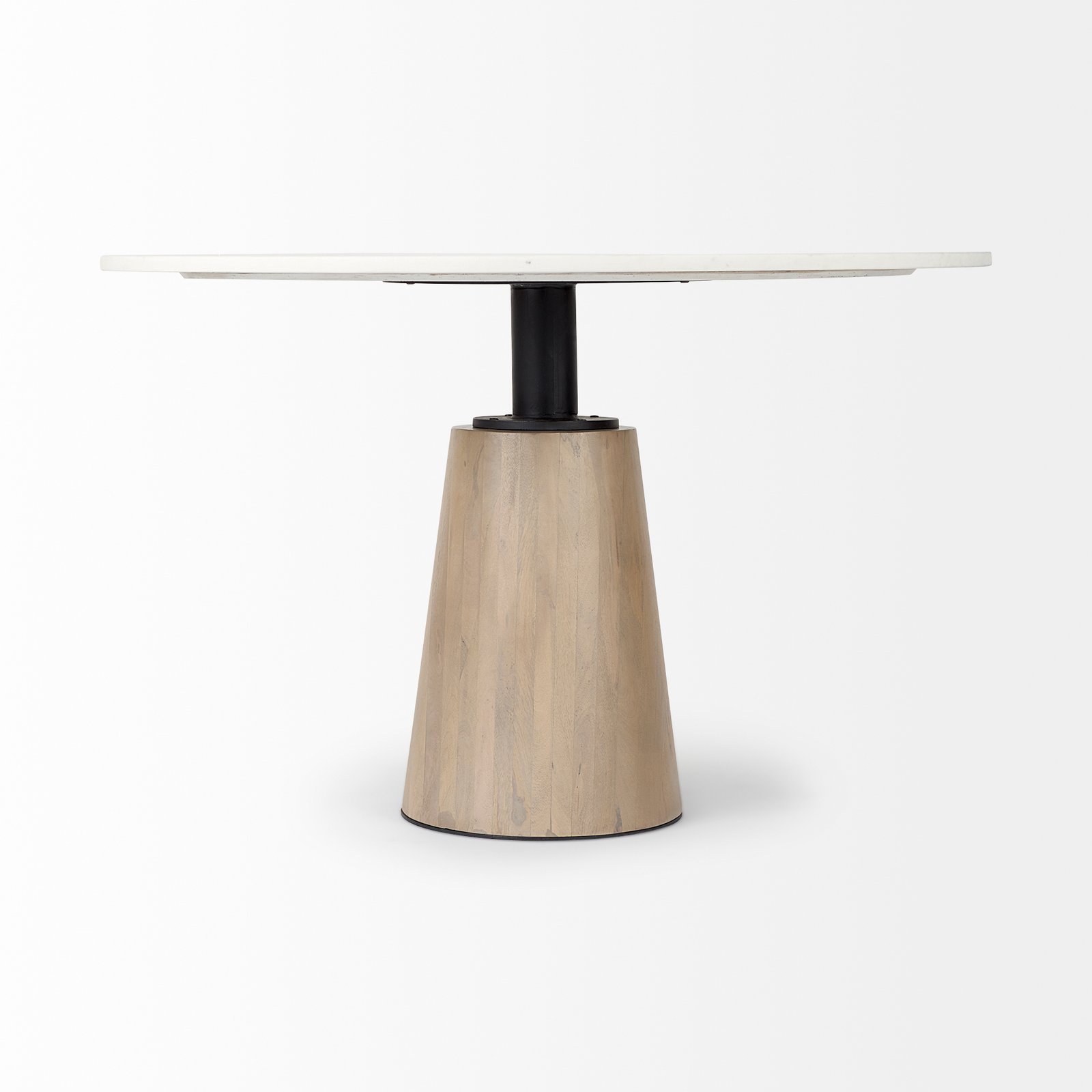 Maxwell 48L x 48W x 30H White Marble Round Top W/ Black Metal and Wood Pedestal Base Dining Table - Image 2