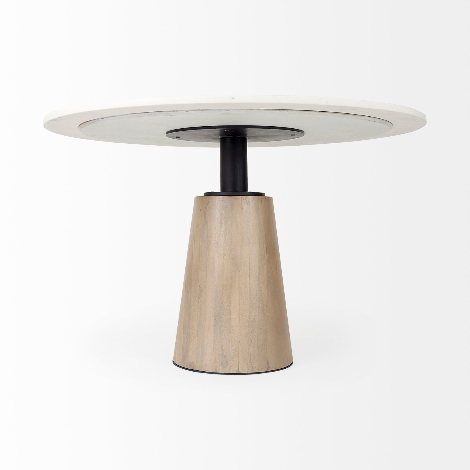 Maxwell 48L x 48W x 30H White Marble Round Top W/ Black Metal and Wood Pedestal Base Dining Table - Image 3
