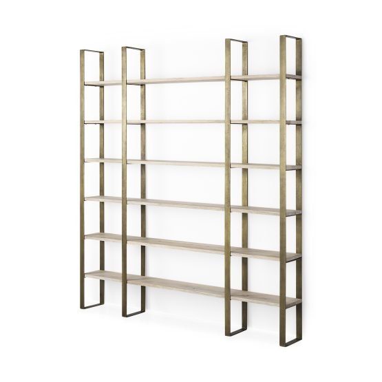 Taunton 80L x 10.5W x 90H Light Brown Wood W/ Gold Metal Frame 6 Tier Shelving Unit