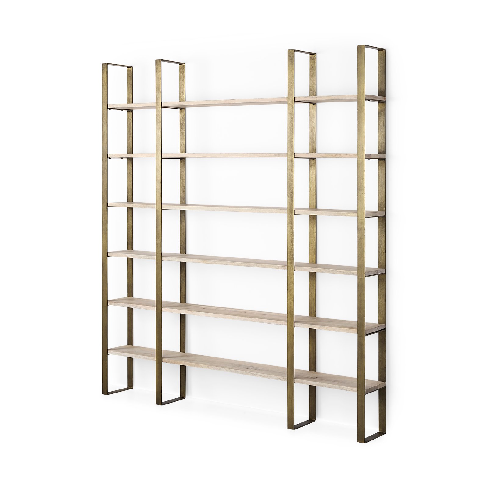Taunton 80L x 10.5W x 90H Light Brown Wood W/ Gold Metal Frame 6 Tier Shelving Unit