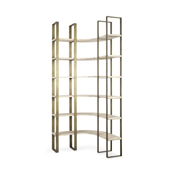 Turner 37L x 37W x 90H Light Brown Wood W/ Gold Metal Frame 6 Tier Curved Shelving Unit