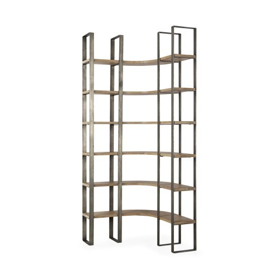 Turner 37L x 37W x 90H Medium Brown Wood W/ Metal Frame 6 Tier Curved Shelving Unit