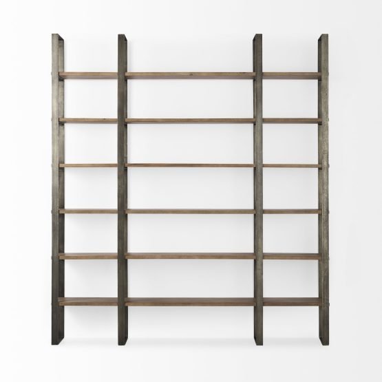 Taunton 80L x 10.5W x 90H Medium Brown Wood W/ Antique Nickel Metal Frame 6 Tier Shelving Unit - Image 2