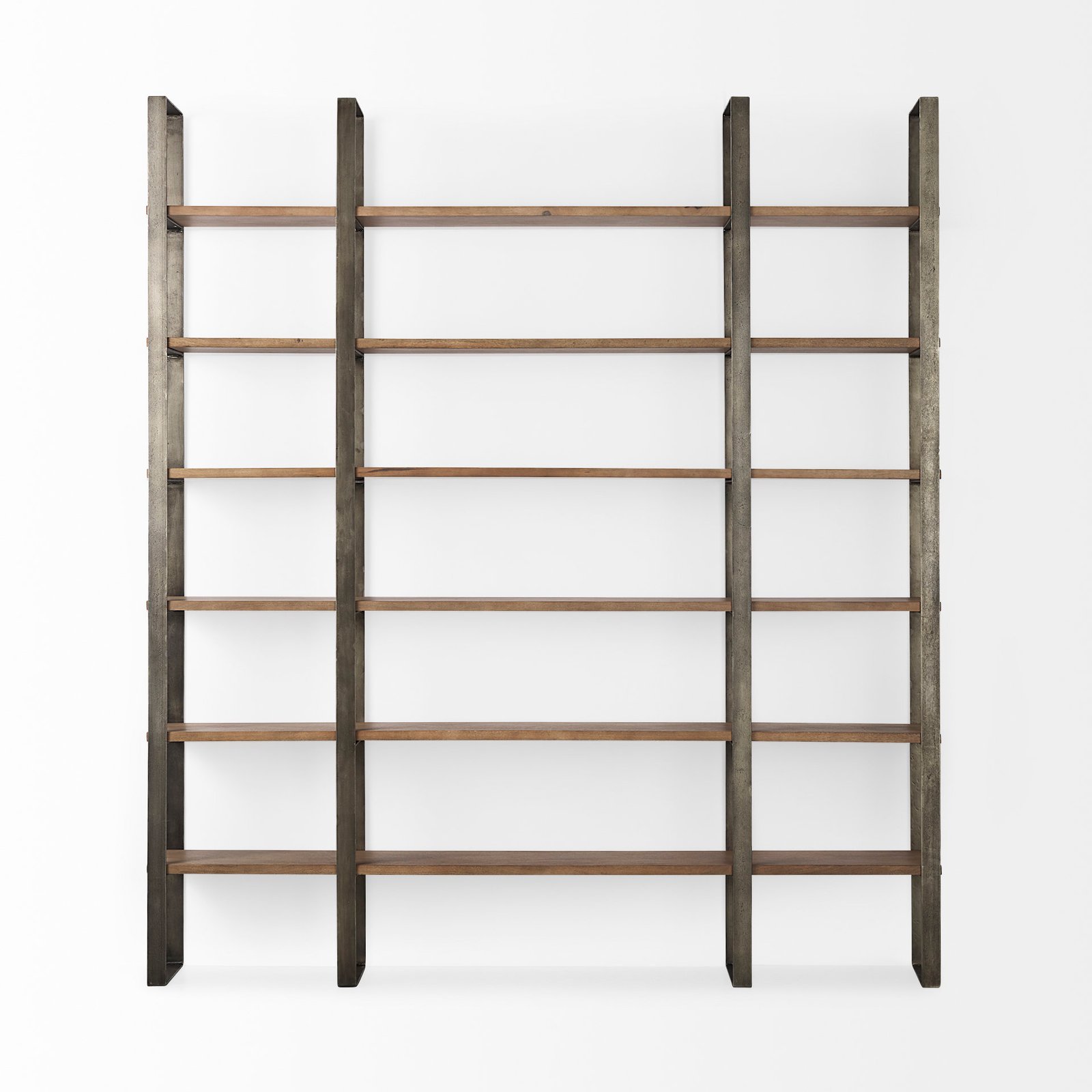 Taunton 80L x 10.5W x 90H Medium Brown Wood W/ Antique Nickel Metal Frame 6 Tier Shelving Unit - Image 2