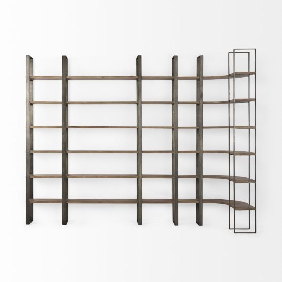 Taunton 80L x 10.5W x 90H Medium Brown Wood W/ Antique Nickel Metal Frame 6 Tier Shelving Unit - Image 4