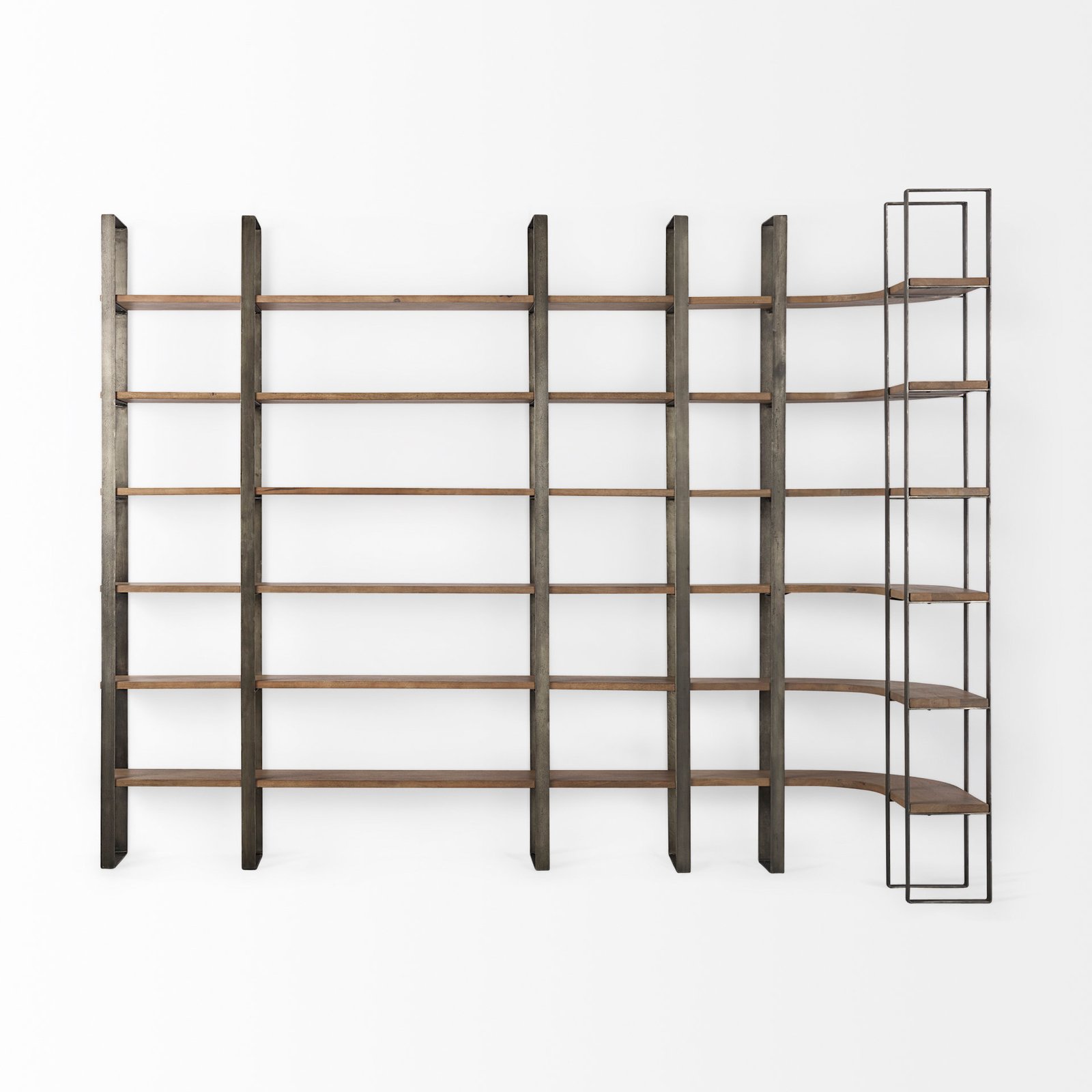 Taunton 80L x 10.5W x 90H Medium Brown Wood W/ Antique Nickel Metal Frame 6 Tier Shelving Unit - Image 4