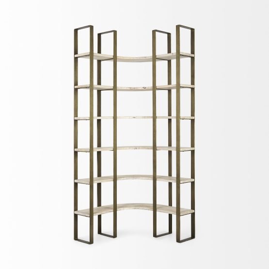 Turner 37L x 37W x 90H Light Brown Wood W/ Gold Metal Frame 6 Tier Curved Shelving Unit - Image 2