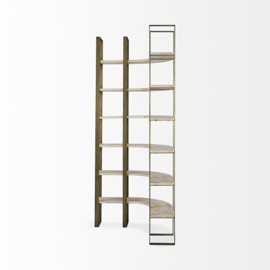 Turner 37L x 37W x 90H Light Brown Wood W/ Gold Metal Frame 6 Tier Curved Shelving Unit - Image 3