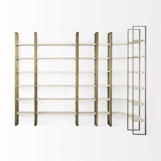 Turner 37L x 37W x 90H Light Brown Wood W/ Gold Metal Frame 6 Tier Curved Shelving Unit - Image 4