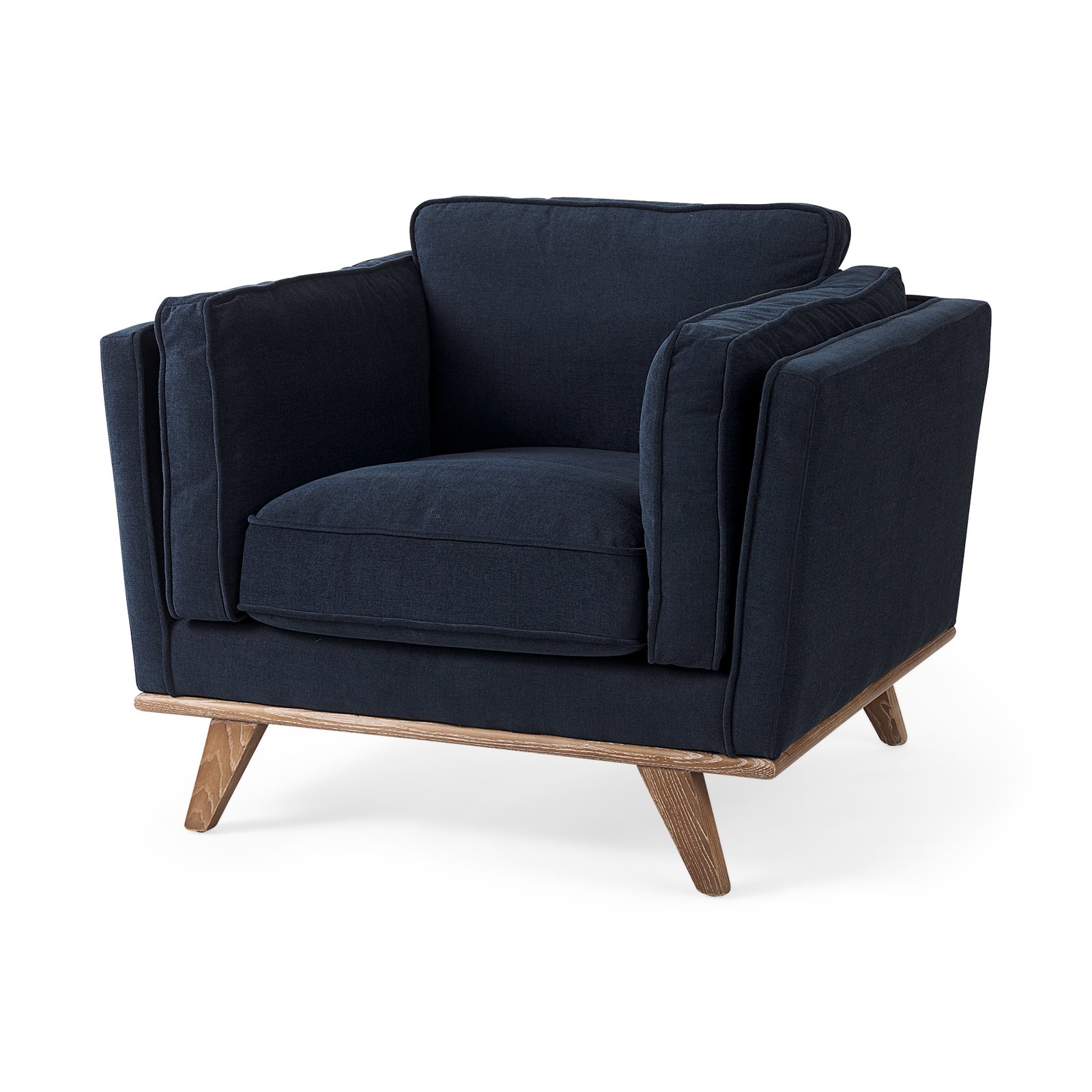 Brooks 41.7L x 34.8W x 33.5H Navy Blue Fabric Chair W/ Medium Brown Wooden Legs