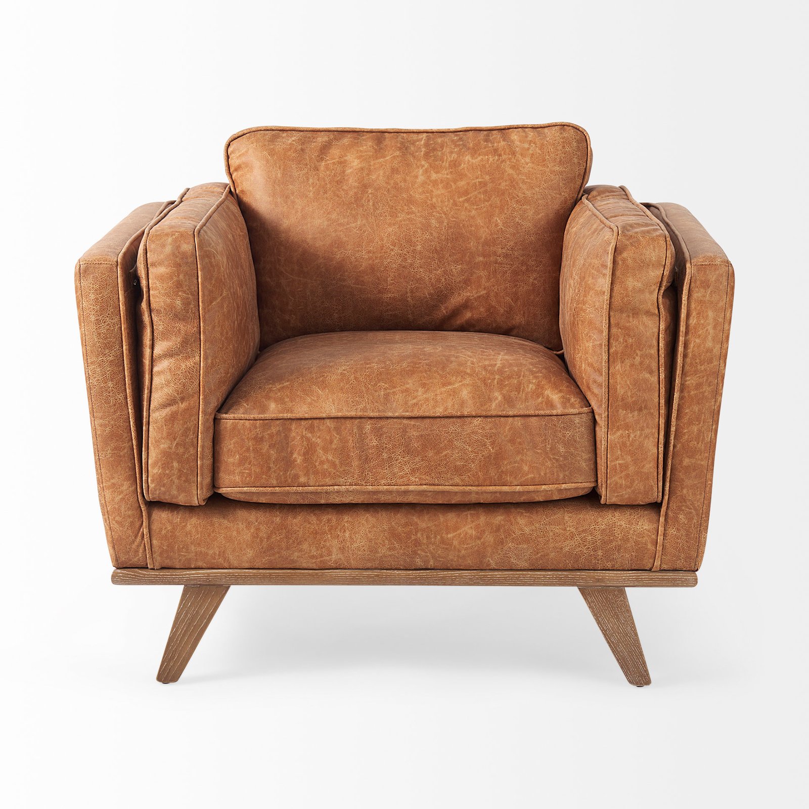Brooks 41.7L x 34.8W x 33.5H Cognac Brown Faux Leather Chair W/ Medium Brown Wooden Legs - Image 2
