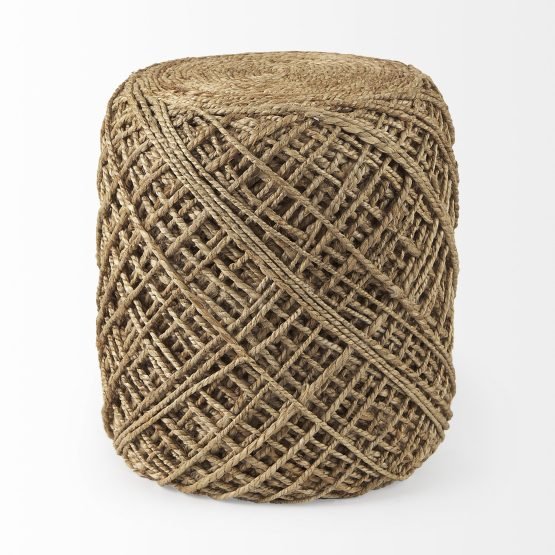 Allium Brown Handwoven Wool Cylindrical Pouf - Image 2
