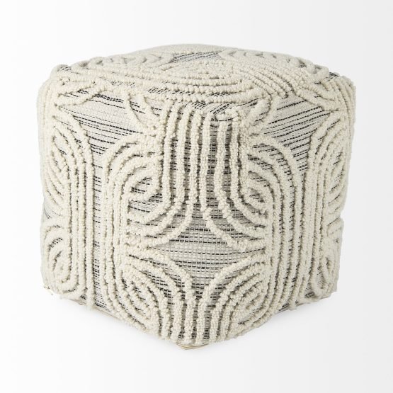 Amaya 16.0L x 16.0W x 16.0H Cream/Black/Gray Wool and Cotton Pouf - Image 3