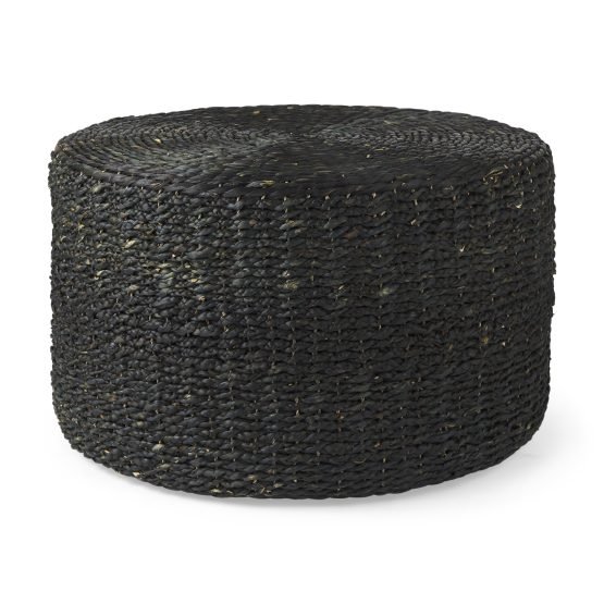 Dina 75L x 75W x 45H Black Cornhusk and Water Hyacinth Round Coffee Table Pouf