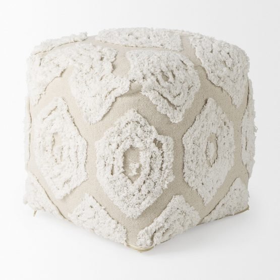 Ekanta 16.0L x 16.0W x 16.0H  Cream/Beige Patterned Cotton Pouf - Image 3