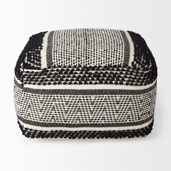 Garima  22.0L x 22.0W x 14.0H Black/White Wool and Cotton Patterned Pouf - Image 2