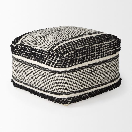Garima  22.0L x 22.0W x 14.0H Black/White Wool and Cotton Patterned Pouf - Image 3