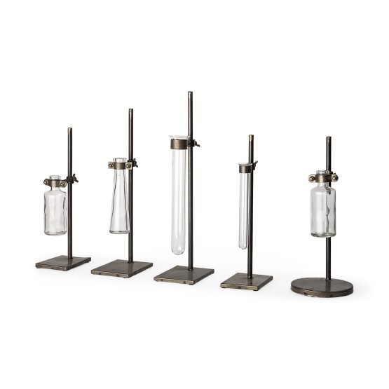 Jarvis Set of Five Dark Brown Metal and Glass Chemistry Inspired Bottles