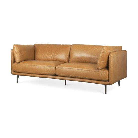 Wells 89.4L x 36.2W x 32.7H Tan Leather Sofa