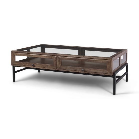 Arelius 42"L Rectangular Glass-Top Medium Brown Wood w/ Black Metal Base Display Coffee Table