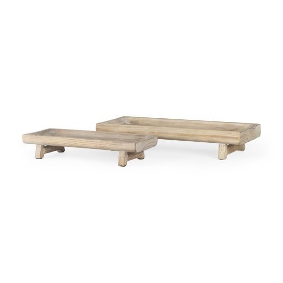Carver Set of 2 Rectangular White Washed Wood Trays