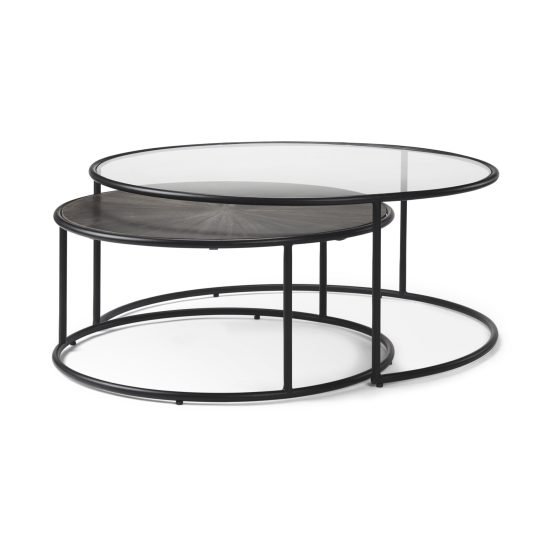 Arlo 40.0L x 40.0W x 17.0H Set of 2 Brown Wood and Glass W/Black Metal Coffee Tables