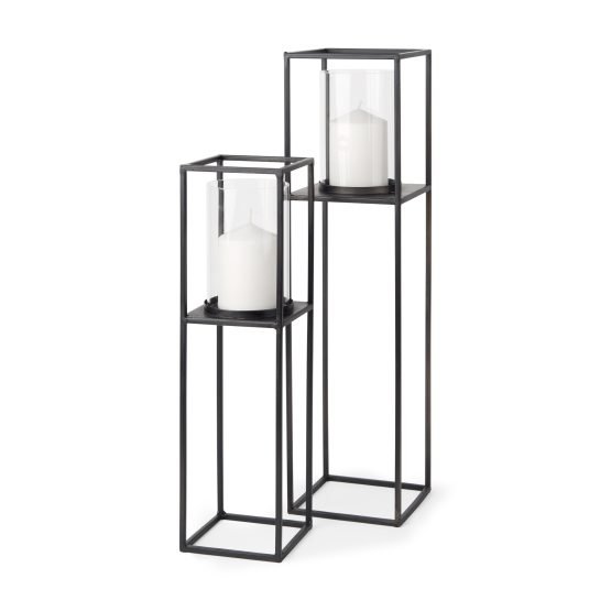 Cindy Set of 2 Matte Black Metal and Hurriance Glass Pillar Tabletop Candle Holders