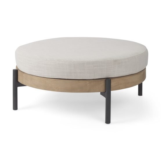Colburne 39.0L x 39.0W x 8.0H Cream Fabric W/Brown Wood Round Ottoman