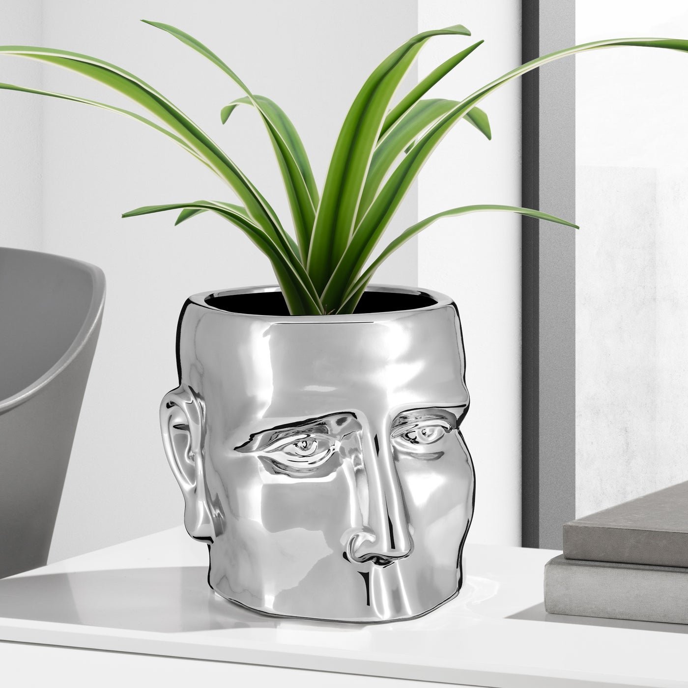 Face Shape 8h" Ceramic Drop Pot Planter - Chrome