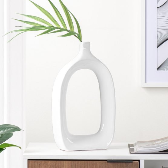 Open 15.75 Inch Tall White Ceramic Vase