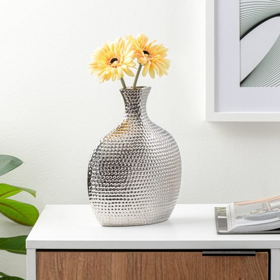 Helio Hammered Ceramic 9.75 Inch Tall Bottle Vase