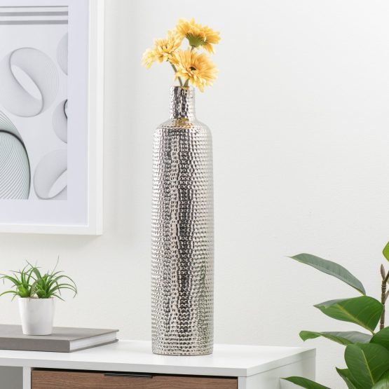 Helio Hammered Ceramic 19.5 Inch Tall Tower Bottle Vase